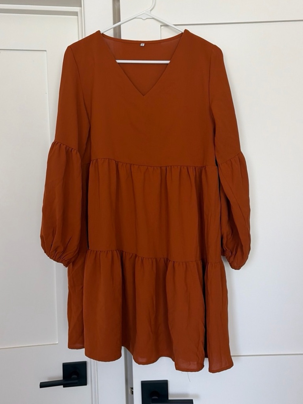 Rust Tiered V-Neck Balloon Sleeve Dress